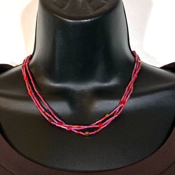 Multistrand Red Beaded Necklace Glass Toggle Clasp 3 Strand 18" Magenta Bugle - Picture 1 of 5